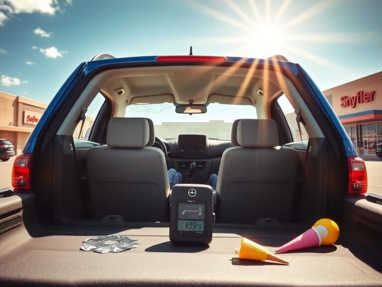 Flick International Blue SUV parked outside a mall with shattered driver's window and empty child safety seats inside.