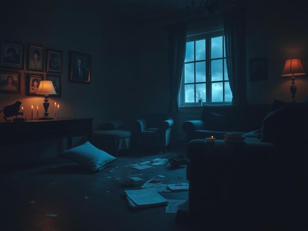 Flick International Dimly lit living room filled with shadows and a broken chair on its side, symbolizing chaos and conflict