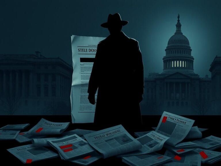 Flick International Shadowy figure in a fedora and trench coat looming over the crumpled Steele dossier in a dark cityscape.