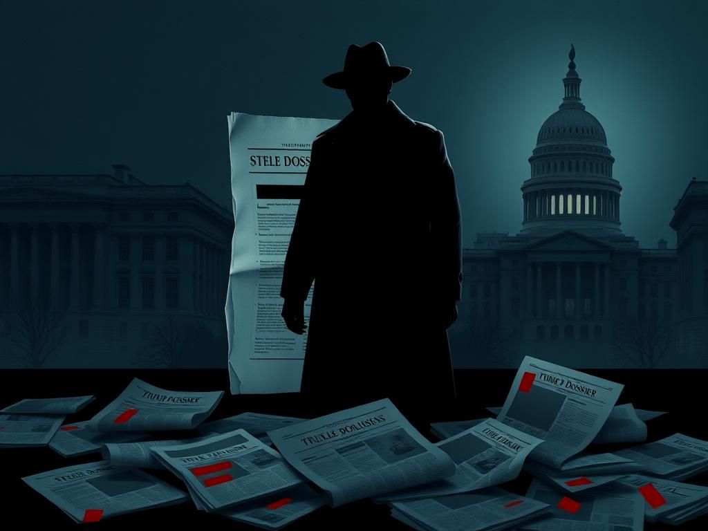 Flick International Shadowy figure in a fedora and trench coat looming over the crumpled Steele dossier in a dark cityscape.