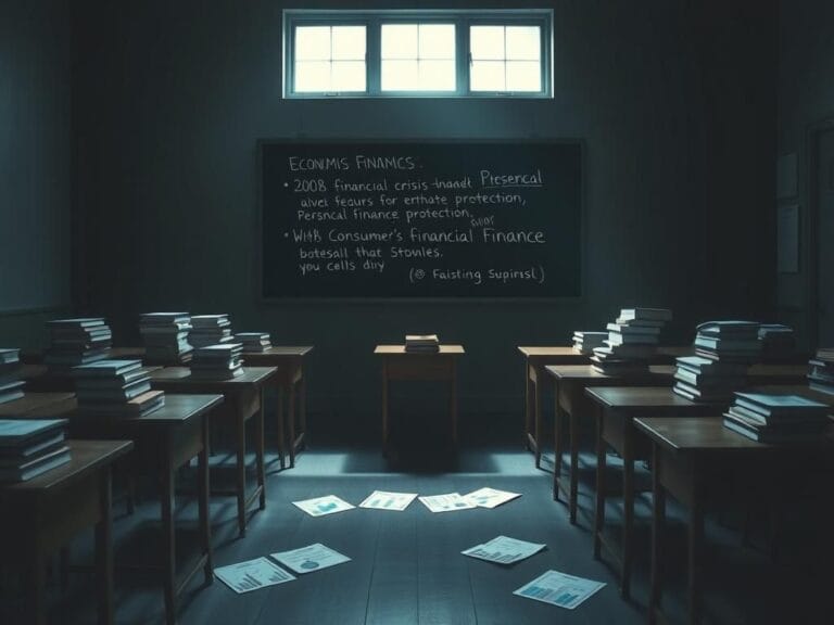 Flick International A somber classroom setup with desks and textbooks representing financial education