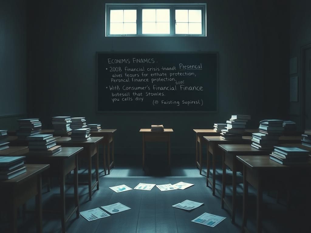 Flick International A somber classroom setup with desks and textbooks representing financial education