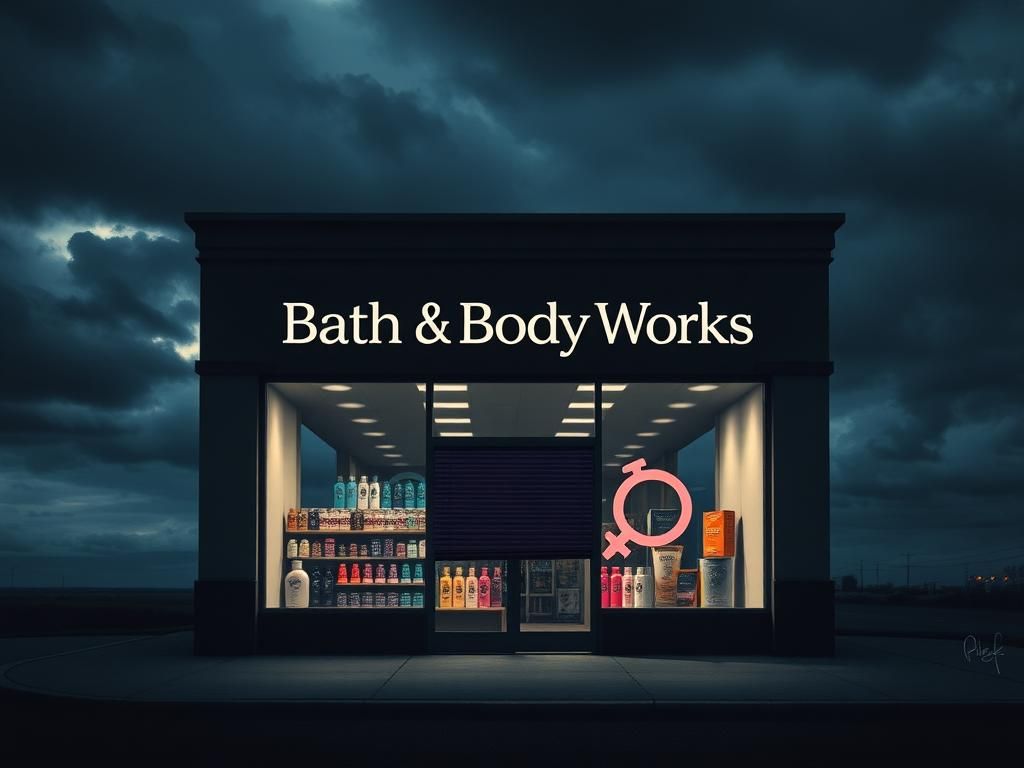Flick International Closed Bath & Body Works storefront with a sign reflecting workplace conflict over pronoun policy