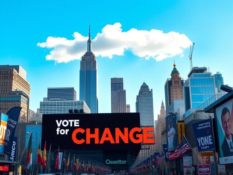 Flick International Vibrant cityscape of New York City featuring the skyline and 'Vote for Change' billboard