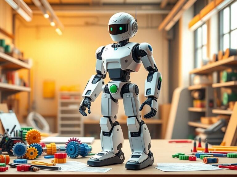 Flick International Lightweight humanoid robot standing in a bright workshop, surrounded by 3D-printed gears and tools