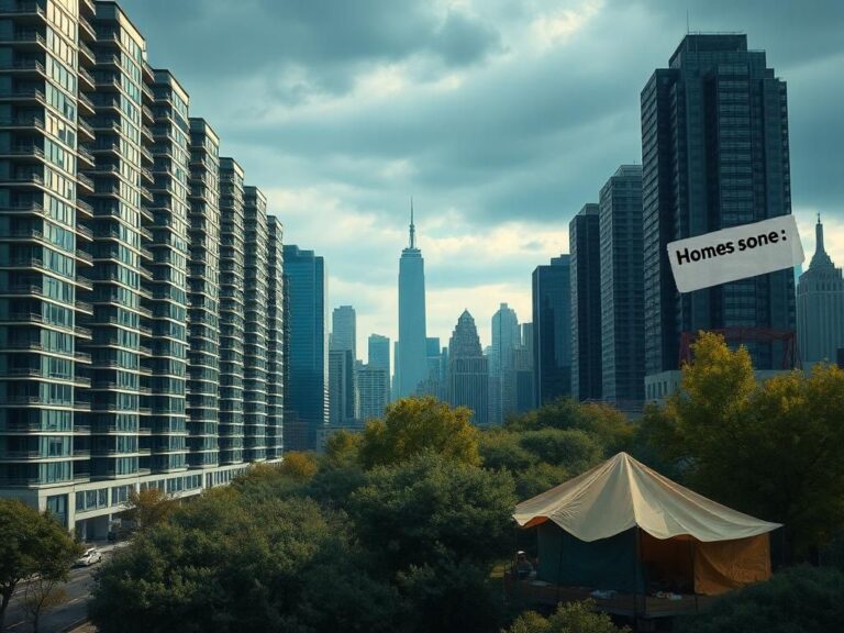 Flick International A vibrant cityscape of New York contrasting luxury condos with makeshift shelters