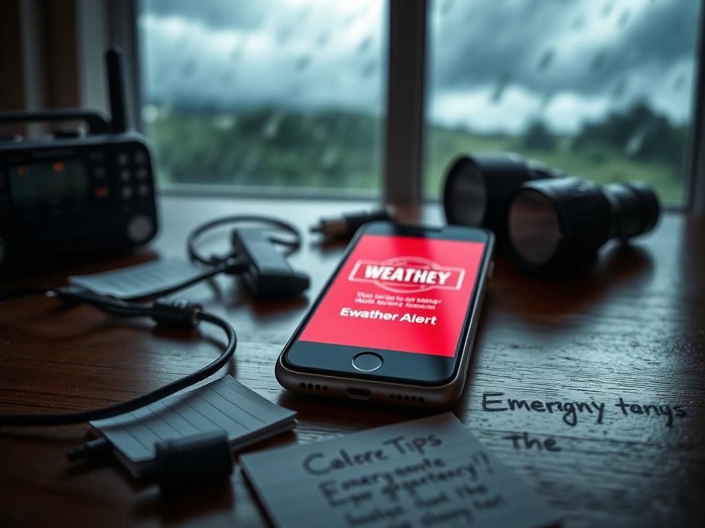 Flick International Close-up view of a smartphone displaying a bright emergency weather alert screen among emergency preparedness items.