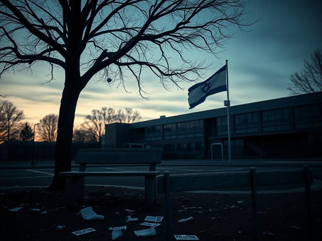 Flick International Empty playground scene at dusk highlighting themes of antisemitism