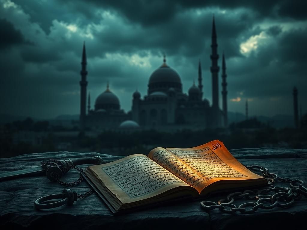 Flick International Dark landscape with Iranian mosques and an ancient book reflecting mohareb charges against Trump