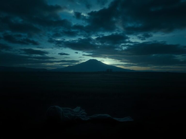 Flick International A haunting landscape depicting remnants of violence in a desolate field at dusk