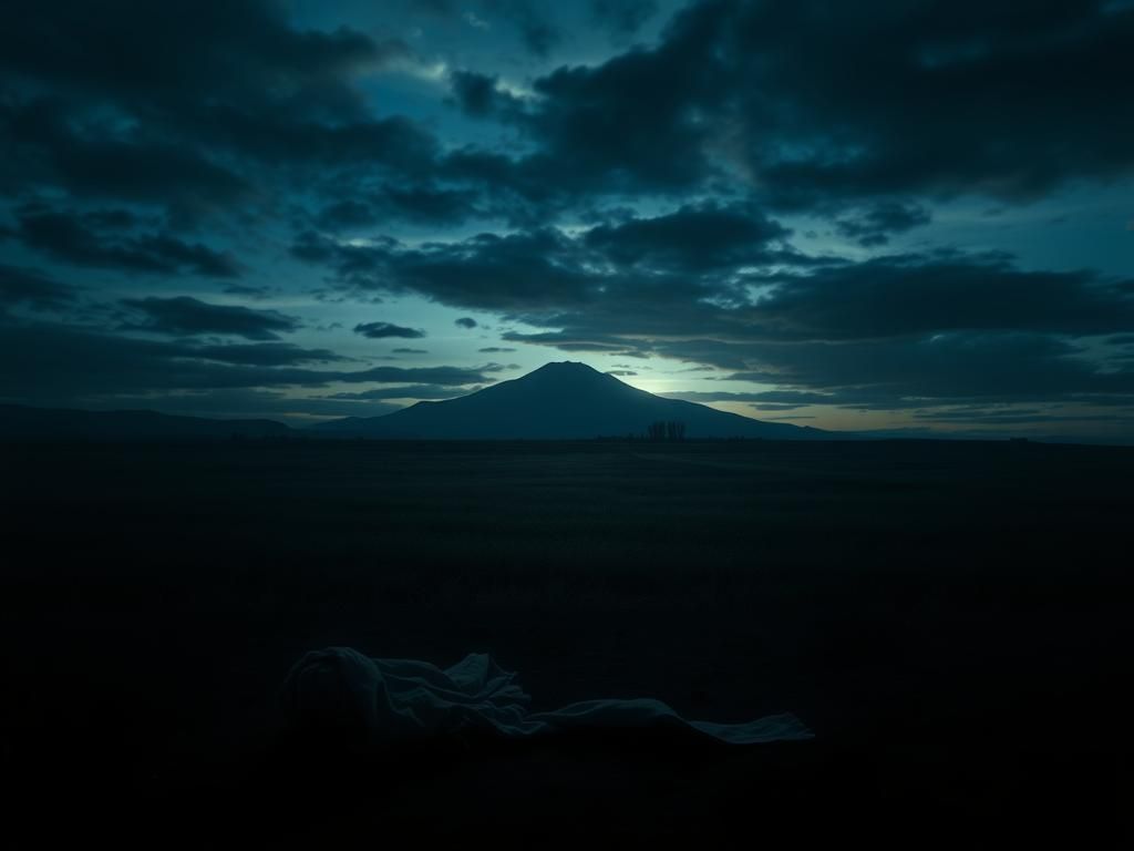 Flick International A haunting landscape depicting remnants of violence in a desolate field at dusk