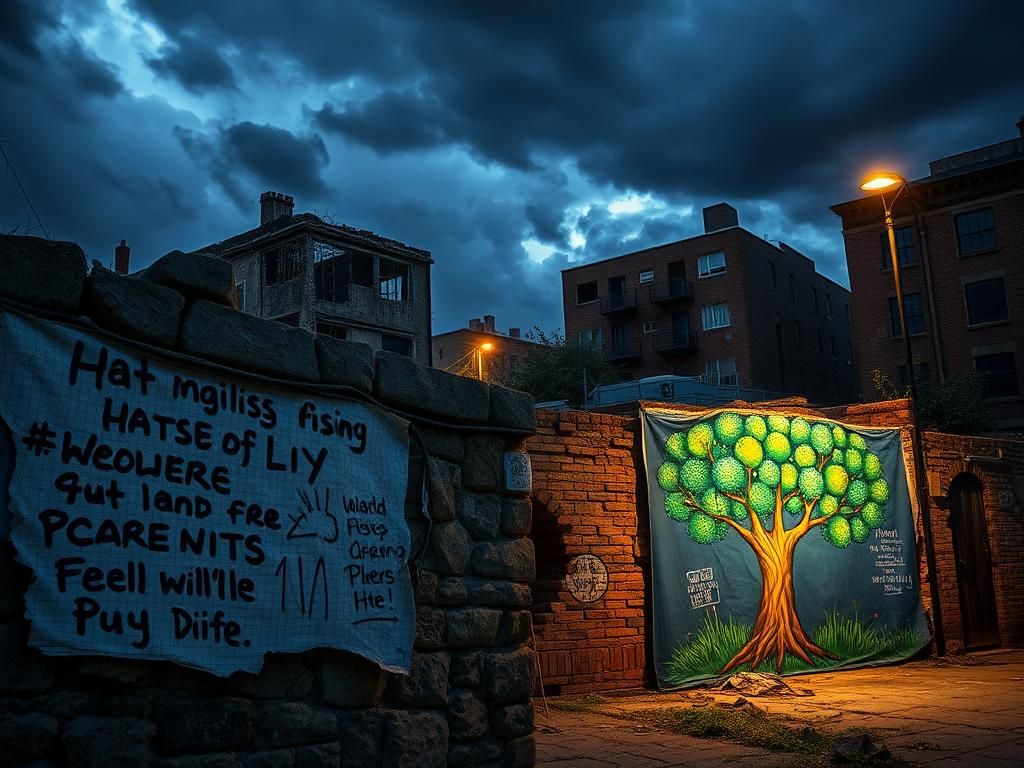 Flick International Urban landscape at dusk with storm clouds, showcasing a wall covered in graffiti and a vibrant tree of life mural.