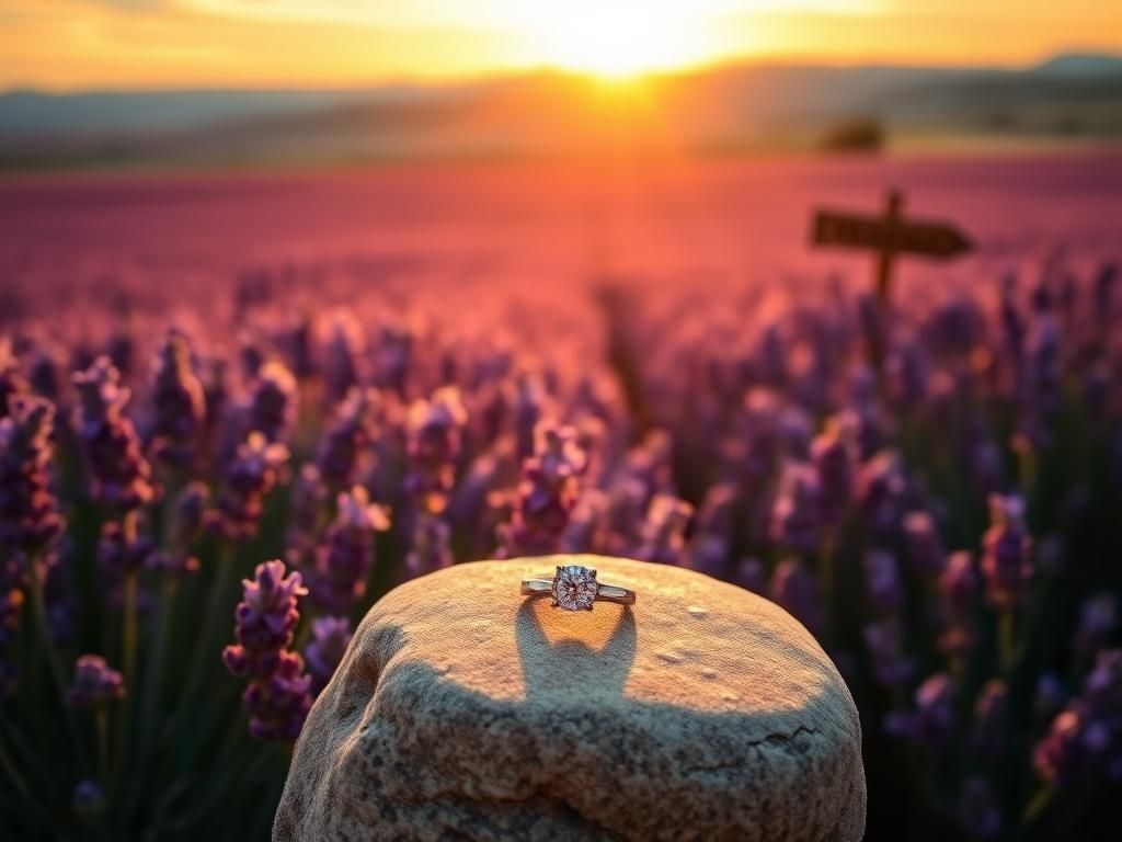 Flick International A picturesque sunrise over a lavender field with an engagement ring symbolizing love
