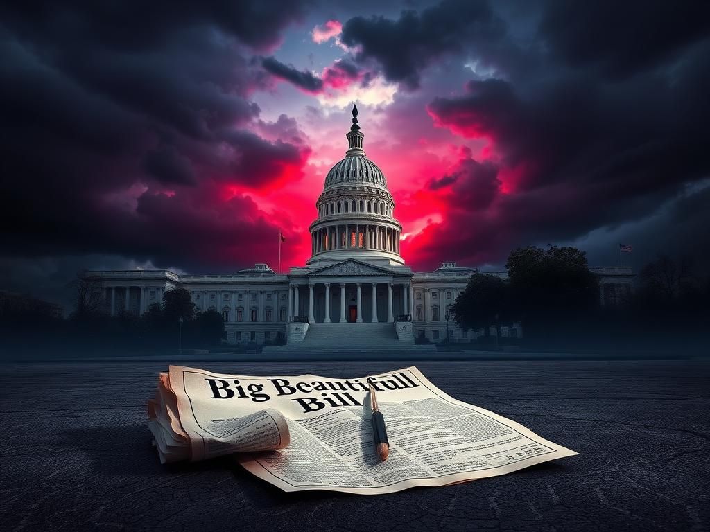 Flick International Crumpled Big Beautiful Bill on cracked pavement under dark stormy skies