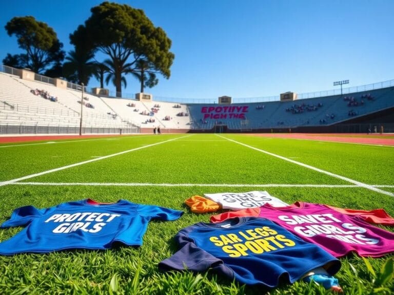 Flick International Dynamic scene of a high school sports field in California, showcasing empty track lanes and colorful protest shirts reflecting the trans athlete conflict.