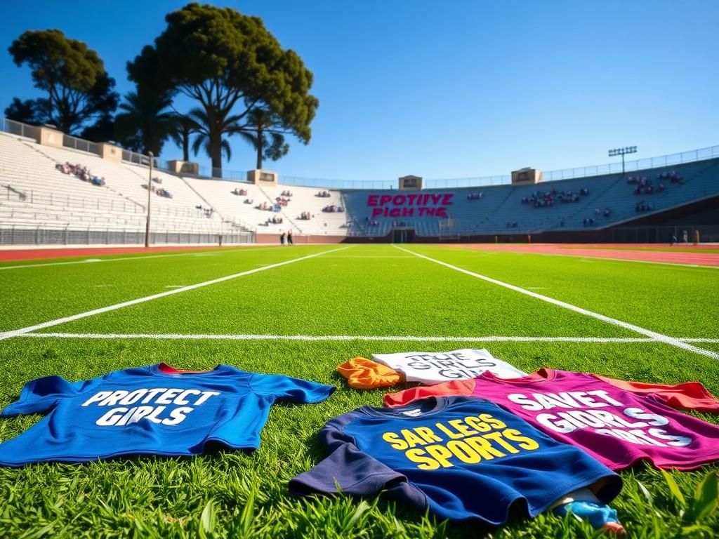 Flick International Dynamic scene of a high school sports field in California, showcasing empty track lanes and colorful protest shirts reflecting the trans athlete conflict.