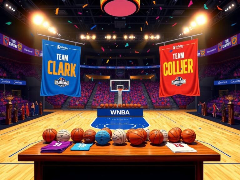 Flick International Vibrant illustration of WNBA All-Star Game draft at Gainbridge Fieldhouse with Team Clark and Team Collier banners