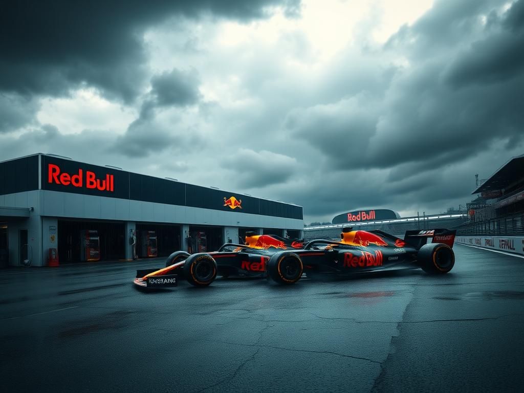 Flick International A Red Bull F1 car in the pit area at Silverstone racetrack under a moody sky