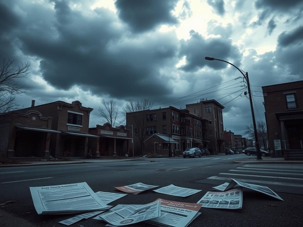 Flick International A dimly lit street corner in a desolate urban landscape with abandoned community centers and dilapidated buildings