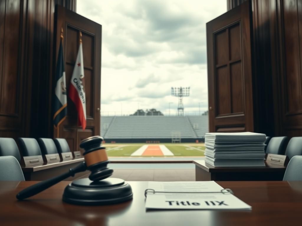 Flick International A courtroom setting with imposing wooden doors slightly ajar and a gavel casting a long shadow, symbolizing legal action related to Title IX violations.