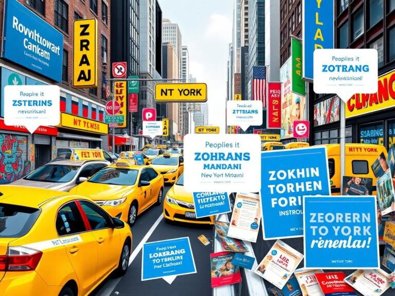 Flick International Vibrant urban landscape of New York City featuring campaign materials for Zohran Mamdani's primary election.