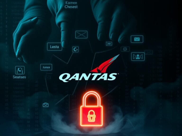 Flick International Digital background depicting a cybersecurity theme with a fractured Qantas logo and floating data representations.
