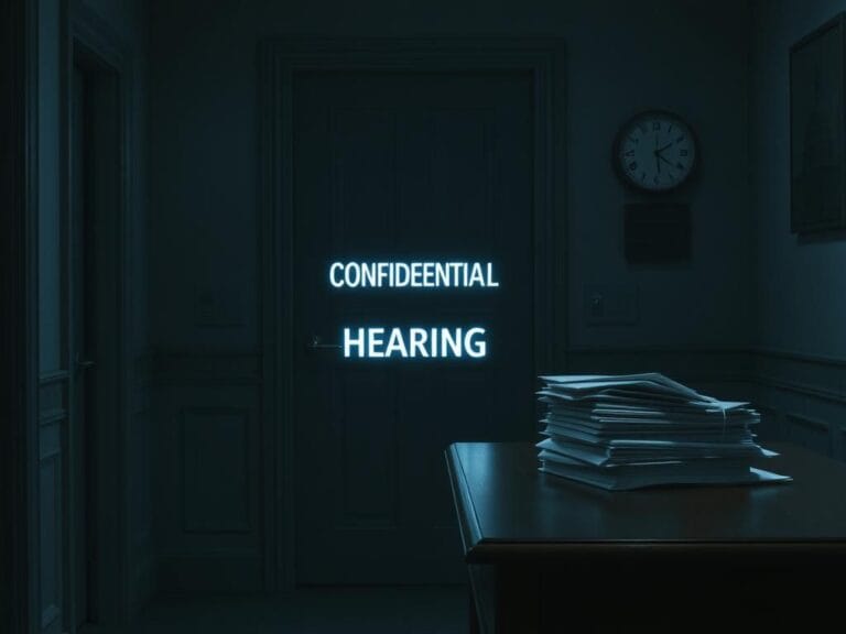 Flick International Dimly lit corridor with a closed door marked 'CONFIDENTIAL' and 'HEARING,' symbolizing Biden's health probe