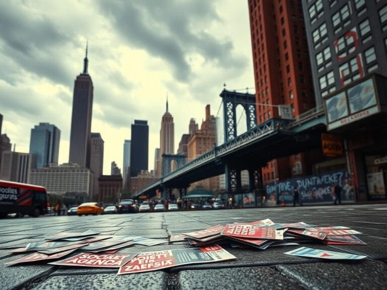 Flick International A dramatic urban scene in New York City showcasing political tension with campaign materials on the pavement