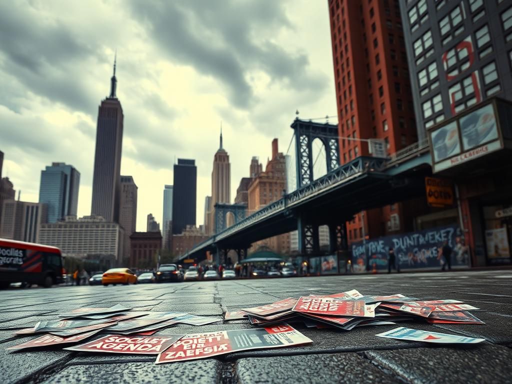 Flick International A dramatic urban scene in New York City showcasing political tension with campaign materials on the pavement