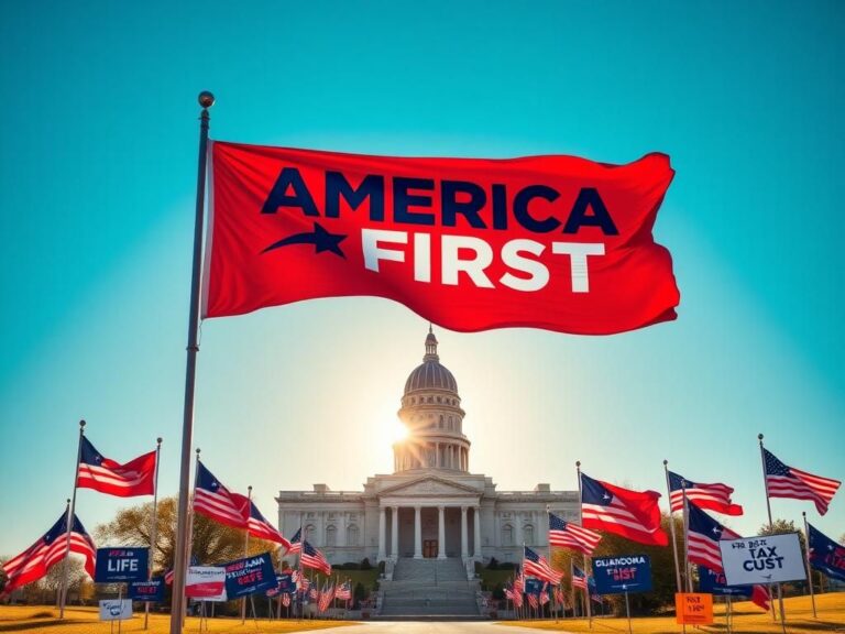 Flick International Vibrant campaign scene depicting Oklahoma's political atmosphere with a large 'America First' banner and the state capitol in the foreground.