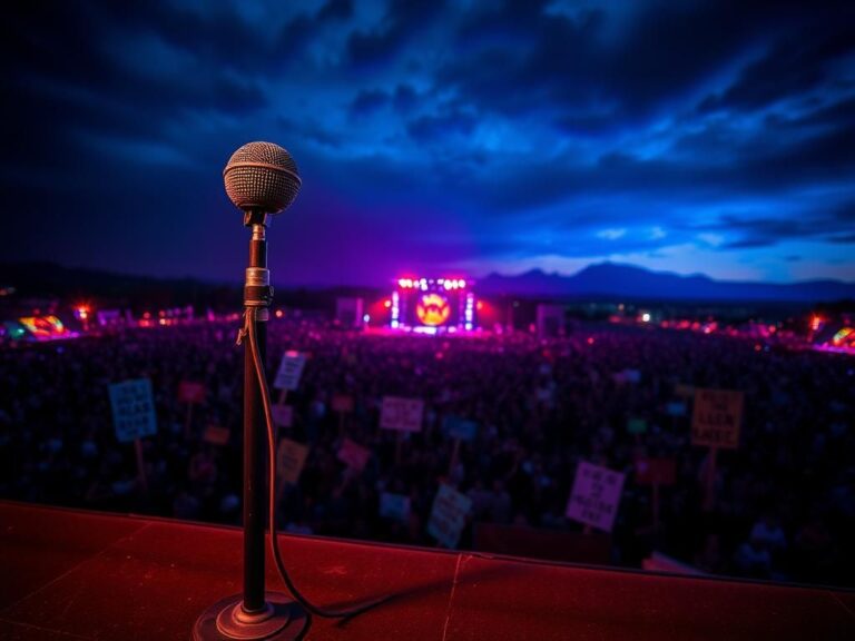 Flick International Dramatic nighttime scene at an outdoor music festival with colorful stage lights and an empty stage