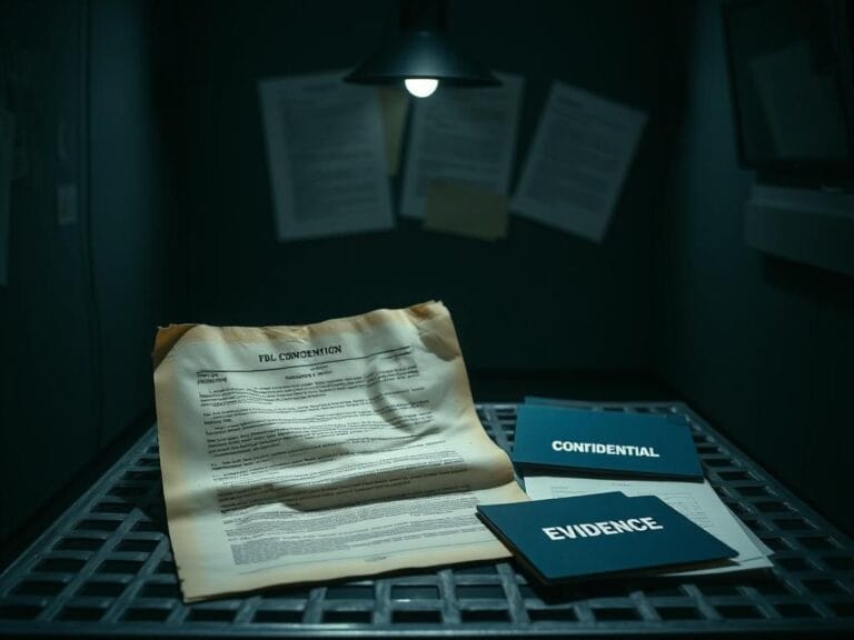 Flick International Dimly lit interrogation chamber with a tattered FBI memo on a metal table