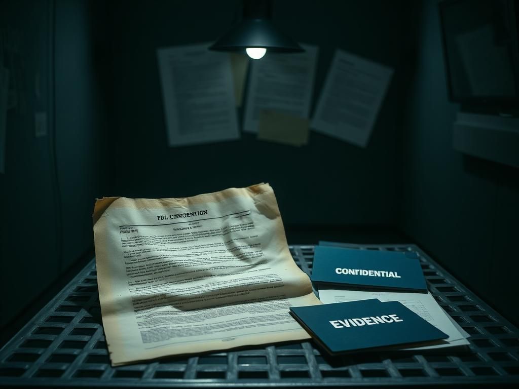 Flick International Dimly lit interrogation chamber with a tattered FBI memo on a metal table