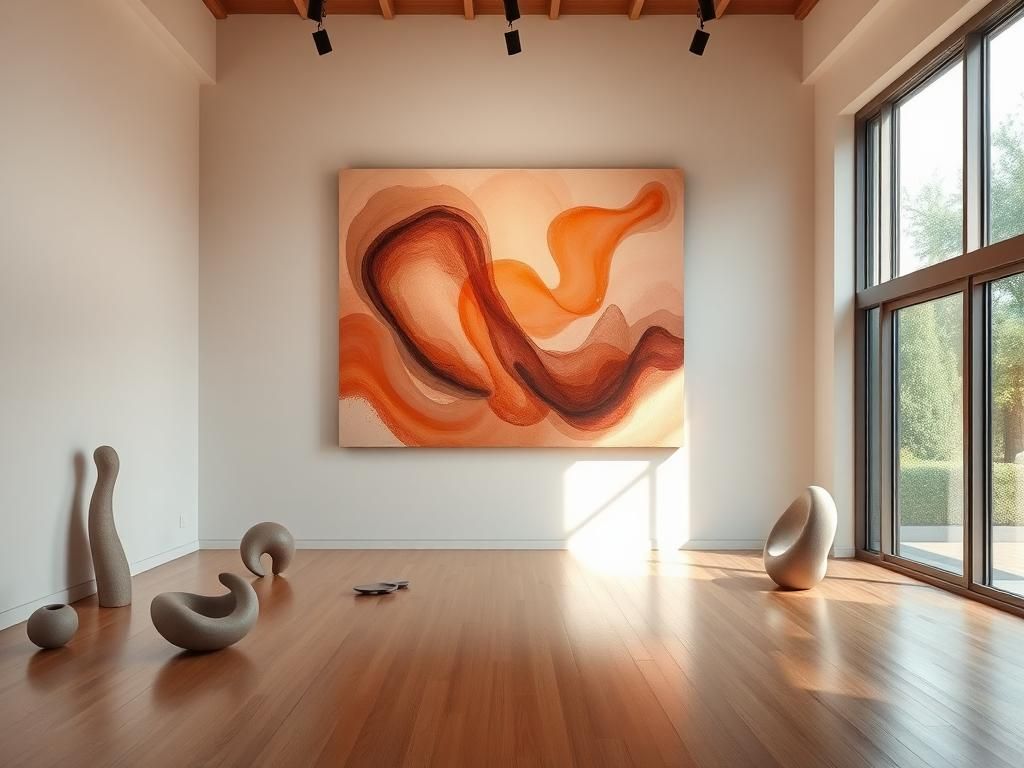Flick International Serene contemporary art museum scene with a large canvas and sculptures symbolizing transformation and femininity