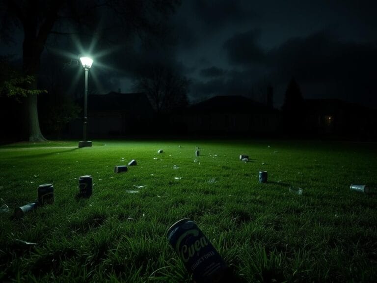 Flick International A desolate suburban lawn at night, littered with debris symbolizing lost youth.