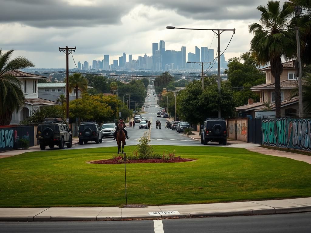 Flick International Dramatic street scene in a Hispanic neighborhood showcasing law enforcement presence during ICE raids