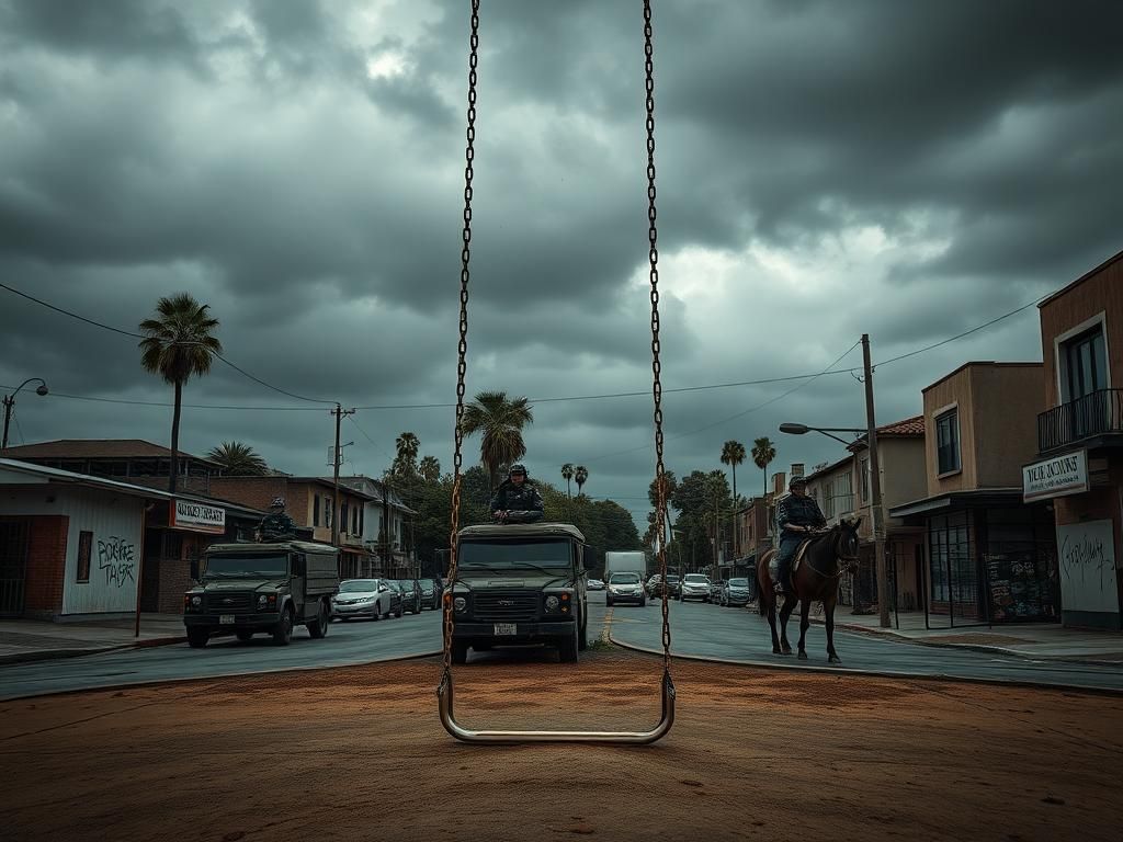 Flick International Dramatic urban scene in a heavily Hispanic neighborhood in Los Angeles during an ICE raid.