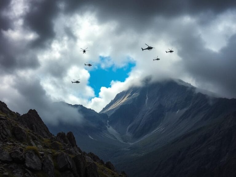 Flick International Dramatic high-altitude view of Mt. Williamson with five rescue helicopters in action during a climber's rescue.