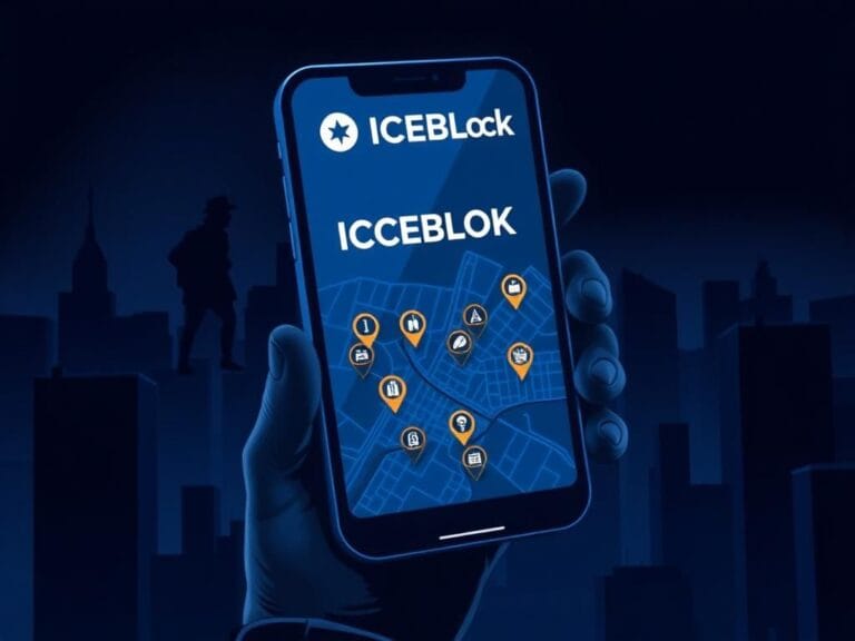 Flick International A smartphone screen displaying the ICEBlock app logo and real-time map of ICE sightings