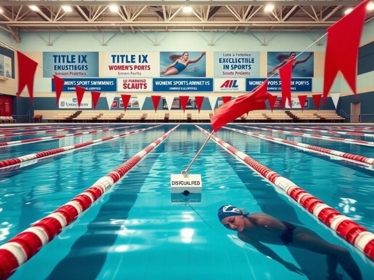 Flick International University swimming pool with empty lanes and fluttering flags celebrating women's sports