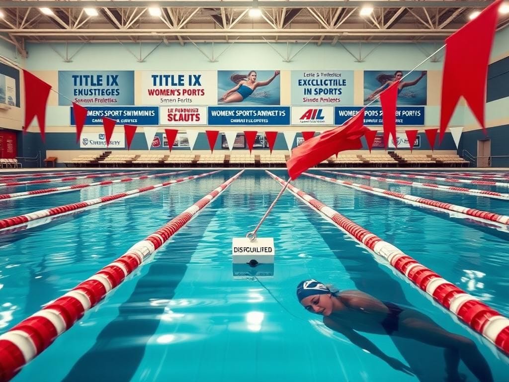 Flick International University swimming pool with empty lanes and fluttering flags celebrating women's sports