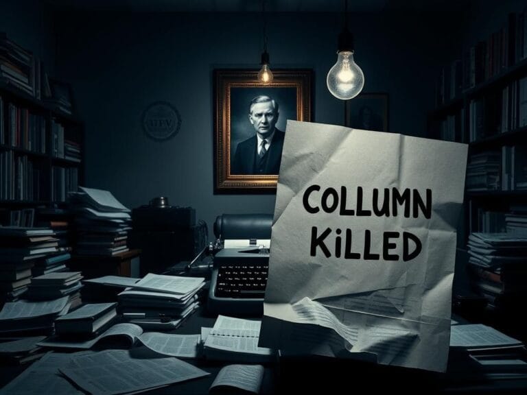 Flick International A dimly lit editorial room filled with clutter, representing the frustrations of journalism