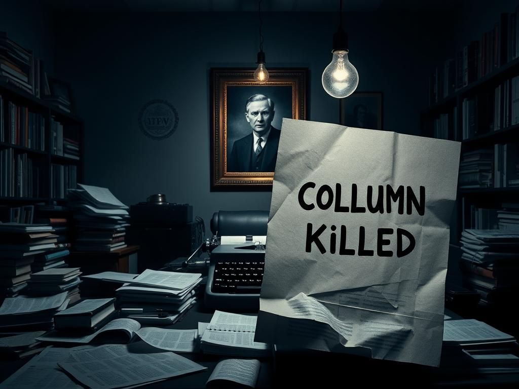 Flick International A dimly lit editorial room filled with clutter, representing the frustrations of journalism