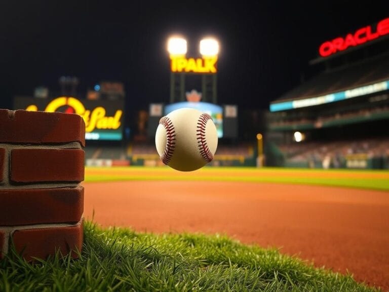 Flick International Baseball bouncing off the brick outfield wall at Oracle Park during Patrick Bailey's historic inside-the-park home run