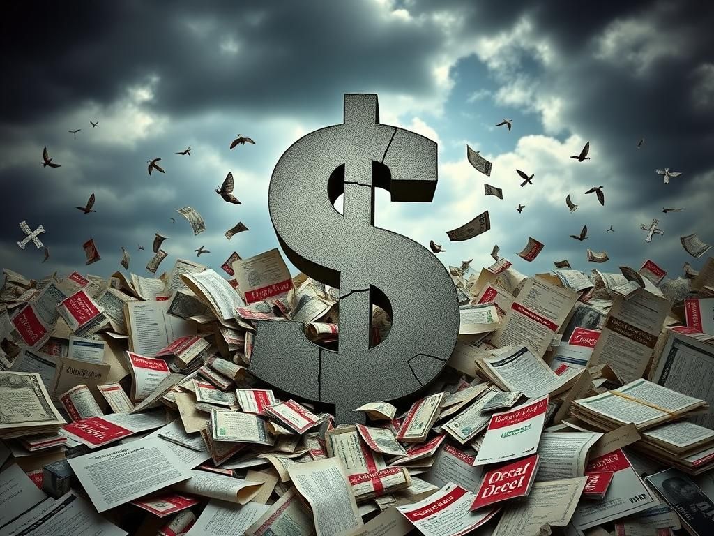 Flick International Large, crumbling dollar sign amidst chaotic pieces of legislation symbolizing turmoil over Trump's $3.4 trillion bill