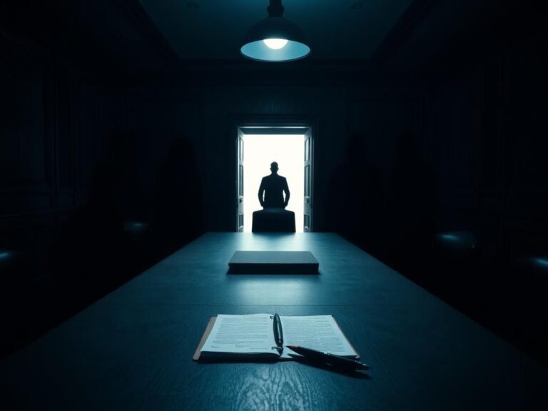 Flick International Dimly lit room with a long table surrounded by shadowy figures, symbolizing secrecy and authority in a closed-door interview.
