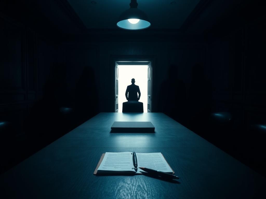 Flick International Dimly lit room with a long table surrounded by shadowy figures, symbolizing secrecy and authority in a closed-door interview.