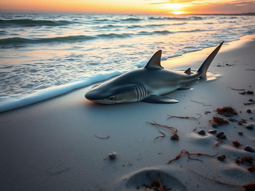 Flick International Large thrashing sandbar shark partially emerged from water at Nantucket beach