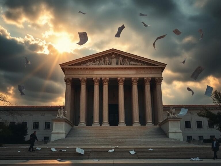 Flick International U.S. Supreme Court building illuminated by late afternoon sun with storm clouds gathering overhead