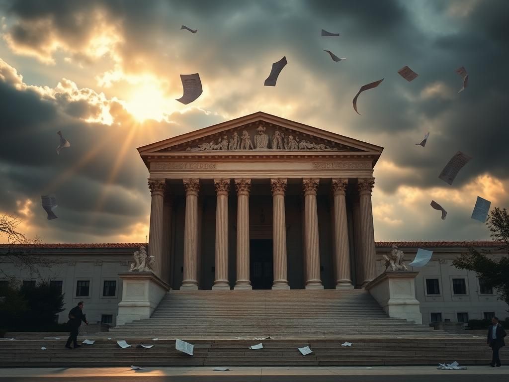 Flick International U.S. Supreme Court building illuminated by late afternoon sun with storm clouds gathering overhead